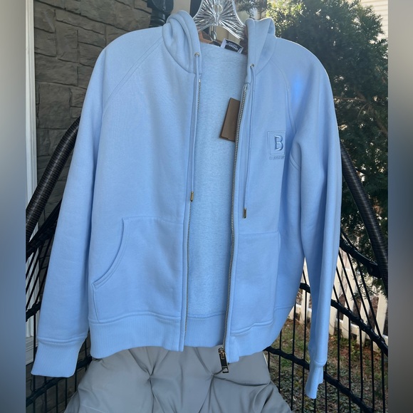 ❤️‍🔥BURBERRY ❤️‍🔥NEW PALE BLUE LOGO HOODIE ON FULL ZIP SIZE LARGE - Picture 4 of 11